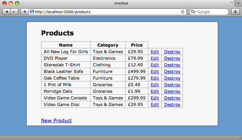 The index page on the store application.