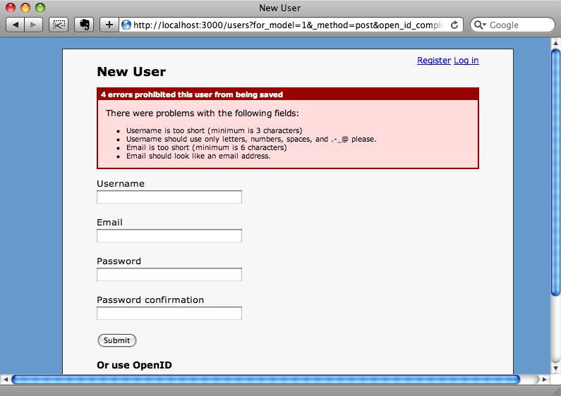 Validation errors on the registration form.