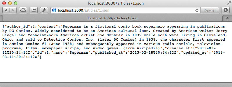 We can now view an article in JSON by appending .json to its URL.