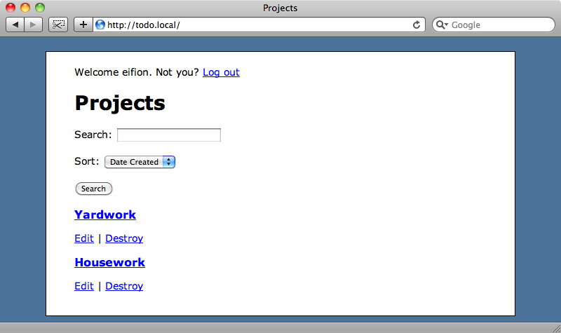 The home page of our project management application.