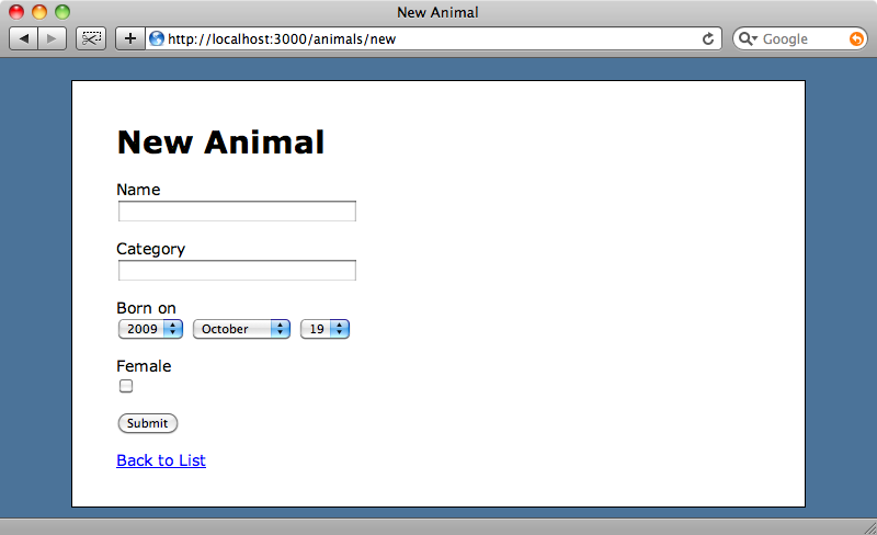 The default New Animal page.