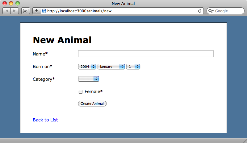 The New Animal page with the Formtastic controls on it.