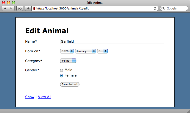 The edit page for an animal.