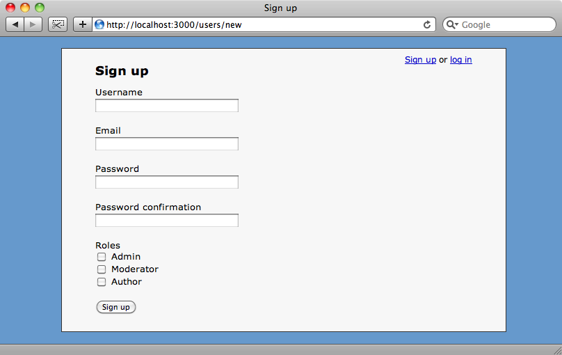 The signup page showing the roles checkboxes.