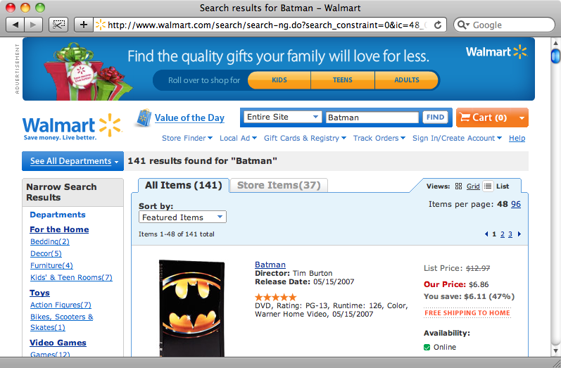 The search results page for “Batman”.