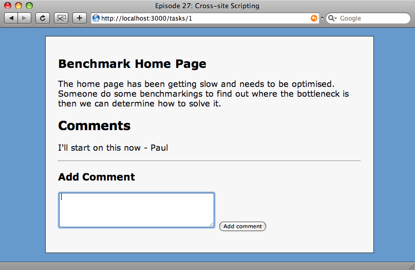 Our site, showing the comments box.