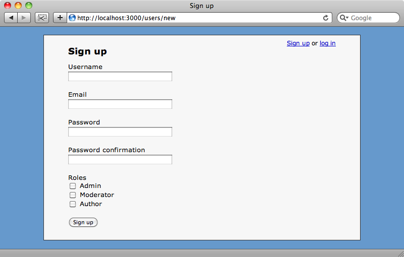 The signup page showing the roles checkboxes.