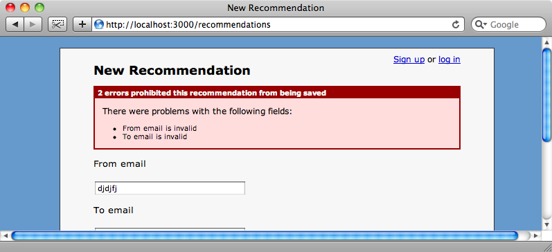 The validation errors are shown when the email addresses are invalid.