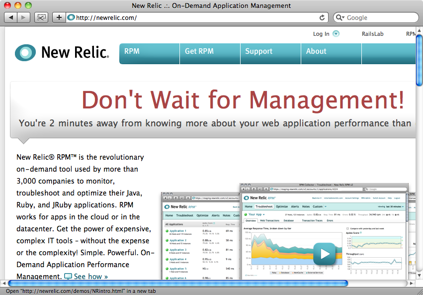 The New Relic home page.