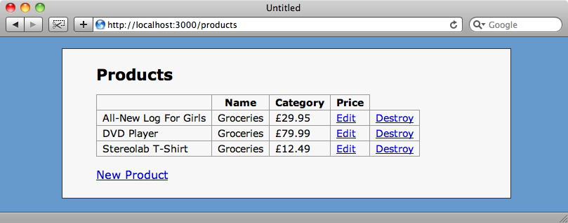 The scaffold-generated table for products.