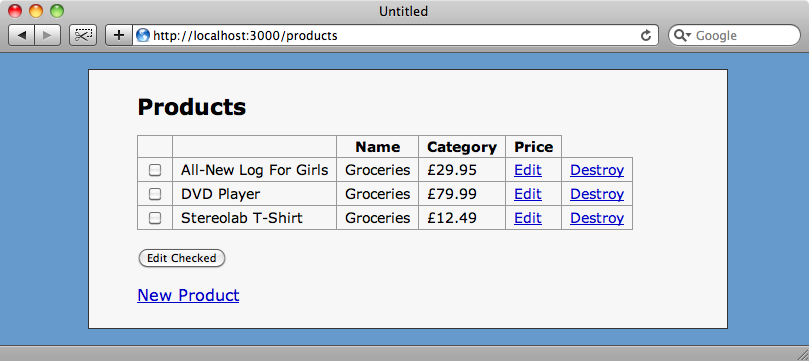 The products index with checkboxes and an edit button added.