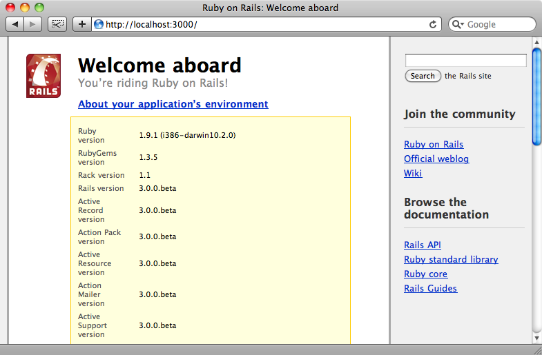 The welcome page for our first Rails 3.0 application.