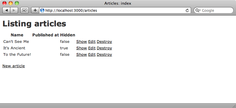 The scaffold-generated article index page.