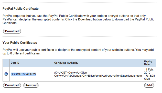 Our uploaded certificate showing in our PayPal account.