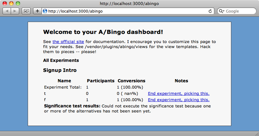 The A/Bingo dashboard page.