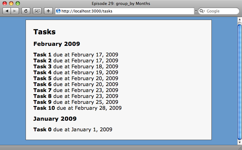 The tasks are now grouped, but the months are in the wrong order.