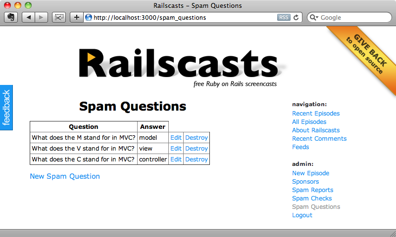 The Spam Questions page.