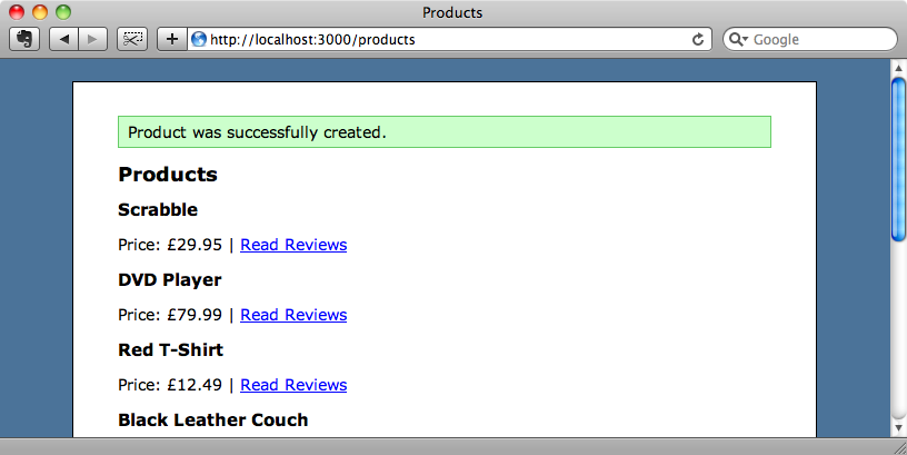 Adding a product now redirects us to the index action.