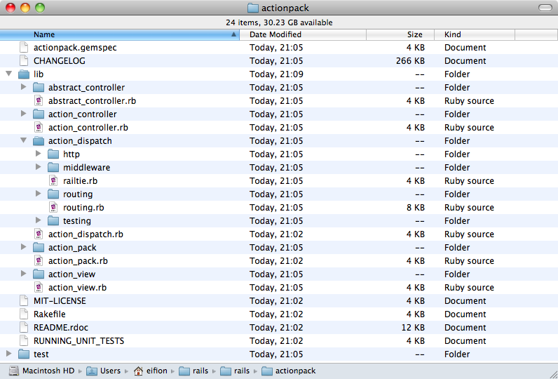 The directory structure for actionpack showing the routing files.