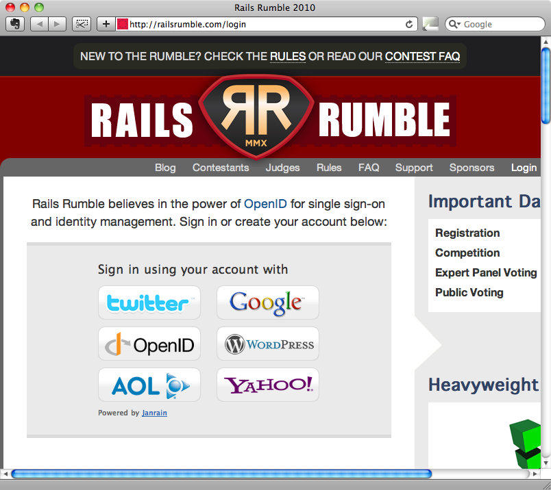 The Rails Rumble login page.