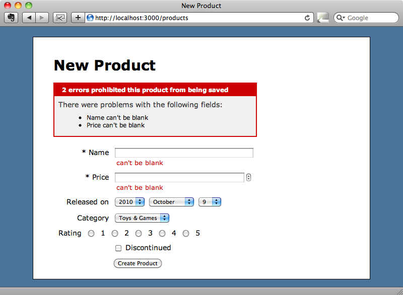 The form showing the required field errors.