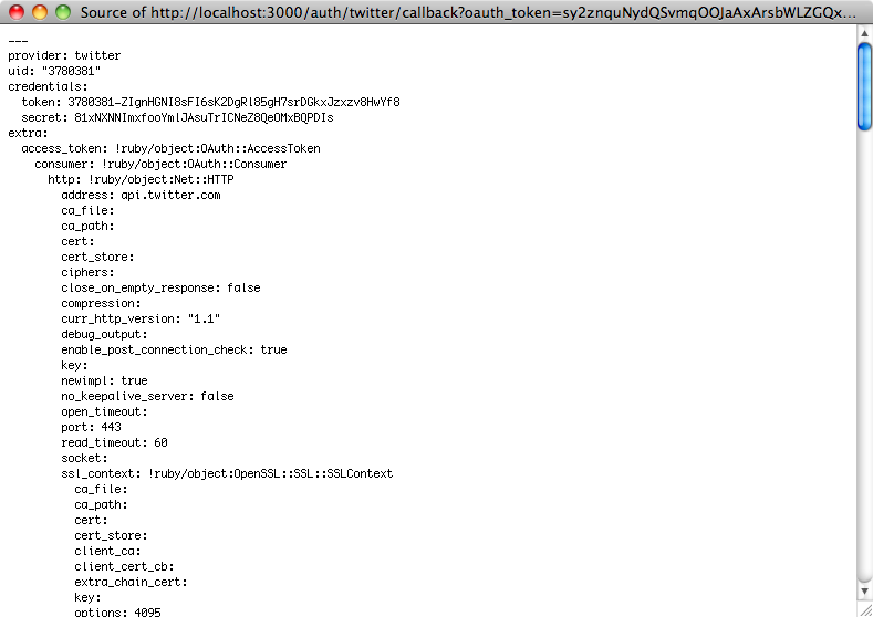 The authentication response from Twitter.