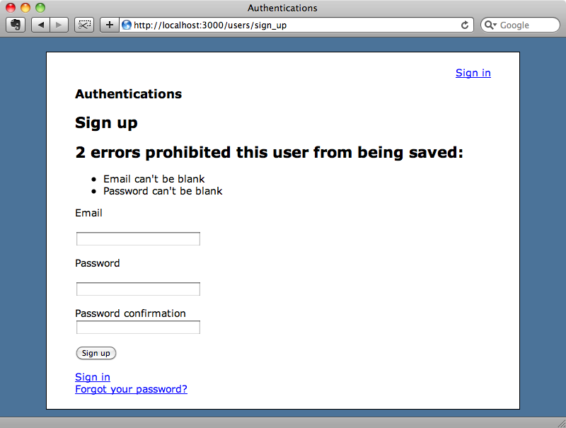The sign-up form now shows the validation errors.