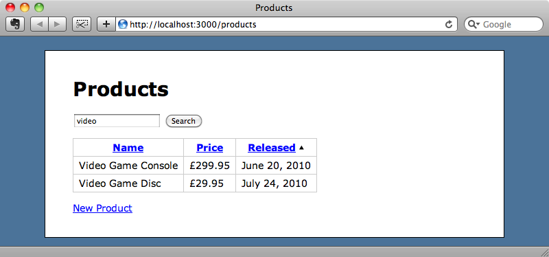 The sortable and searchable table of products.