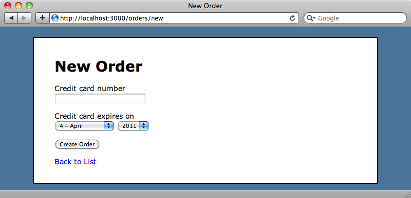 The order page with the credit card field.