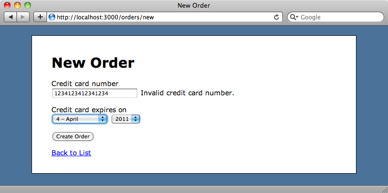 The error message shows when an invalid credit card number is entered.