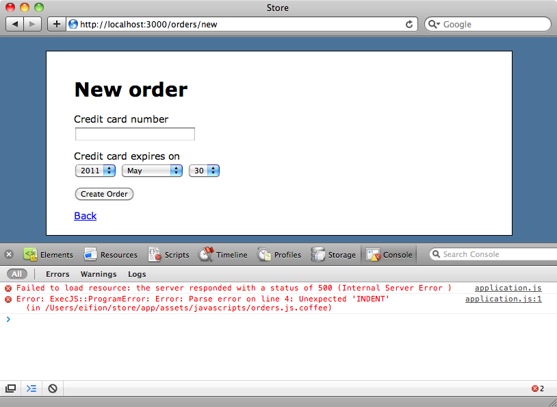 The CoffeeScript error is shown in the browser’s development console.