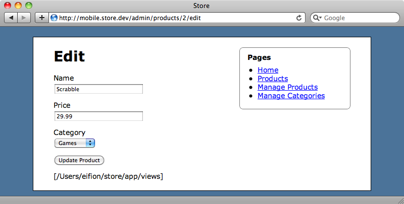 The page showing its view_paths.