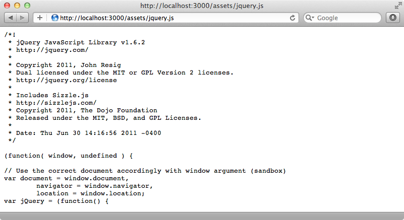 The jquery.js file is accessible under the assets folder.