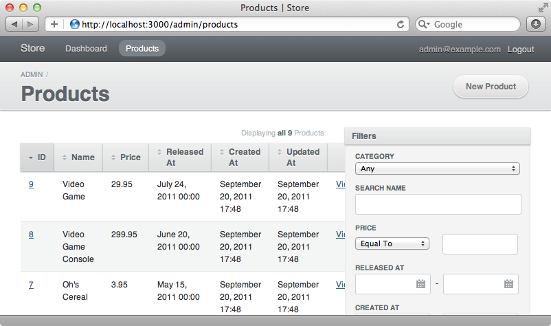 The products index admin page.