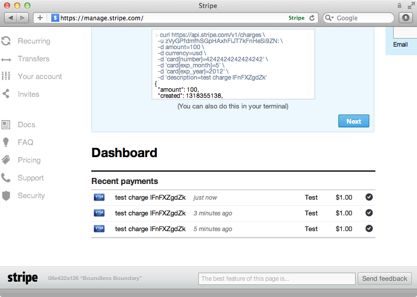Stripe�s dashboard showing our test payments.