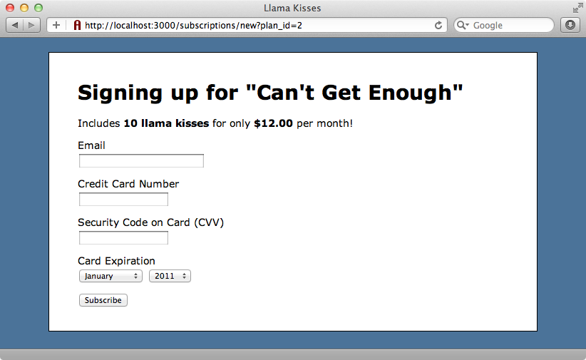The subscription form with its new credit card fields.