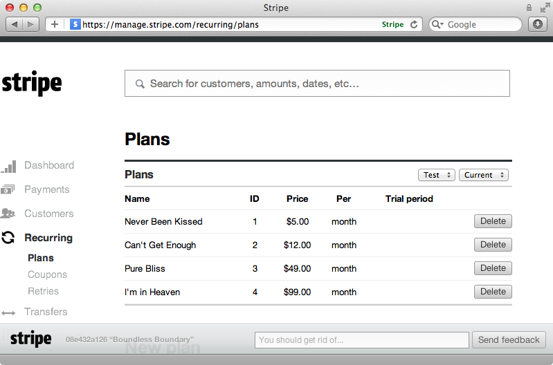 The plans added to our Stripe account.