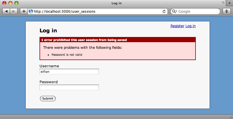 An error message is shown if the credentials supplied are incorrect.